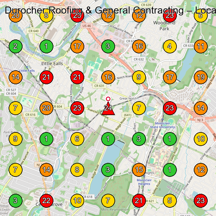 Durocher Roofing & General Contracting Roofing Contractor GeoGrid ranking map for Little Falls NJ